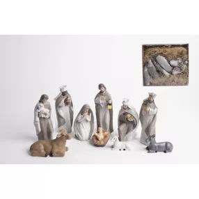   POLIREZIN BETLEHEMI ALAKOK, SZETTBEN, 11 DARABOS, SZÜRKE/FEHÉR, DOBOZBAN