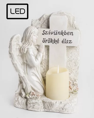 POLIREZIN LED GYERTYA, ANGYAL KERESZTNÉL,  SZÍVÜNKBEN ÖRÖKKÉ ÉLSZ FELIRAT