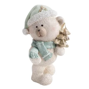   POLIREZIN MEDVE, MIKULÁS SAPKÁBAN, ARANY FENYŐFÁVAL, TÜRKIZ FEHÉR