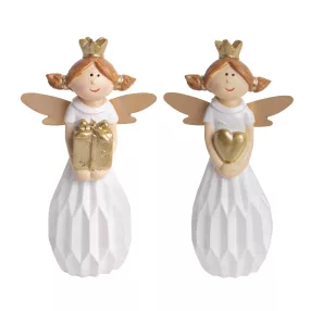   POLIREZIN ANGYAL, ÁLLÓ, KORONÁVAL, FEHÉR ÉS ARANY, AJÁNDÉKKAL VAGY SZÍVVEL