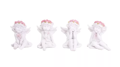 POLIREZIN ANGYAL, ÜLŐ, VIRÁGKOSZORÚVAL, FEHÉR RÓZSASZÍN