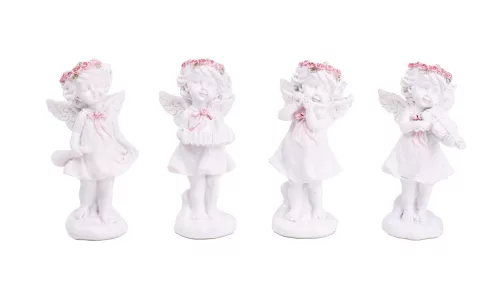 POLIREZIN ANGYAL, VIRÁGKOSZORÚBAN, HANGSZERREL, FEHÉR RÓZSASZÍN