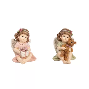   POLIREZIN ANGYAL, AJÁNDÉK DOBOZZAL, MEDVÉVEL, RÓZSASZÍN ZÖLD