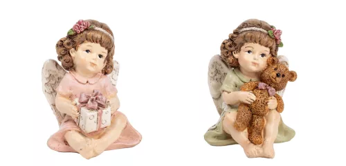 POLIREZIN ANGYAL, AJÁNDÉK DOBOZZAL, MEDVÉVEL, RÓZSASZÍN ZÖLD