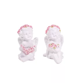   POLIREZIN ANGYAL, VIRÁG KOSZORÚVAL ÉS VIRÁGKOSÁRRAL, FEHÉR RÓZSASZÍN