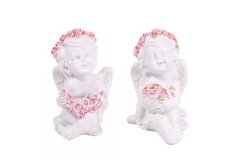 POLIREZIN ANGYAL, VIRÁG KOSZORÚVAL ÉS VIRÁGKOSÁRRAL, FEHÉR RÓZSASZÍN