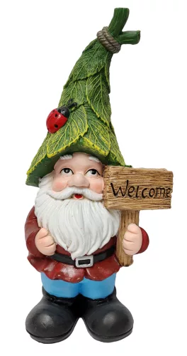 POLIREZIN TÖRPE WELCOME TÁBLÁVAL, LEVÉL SAPKÁBAN, PIROS ÉS ZÖLD