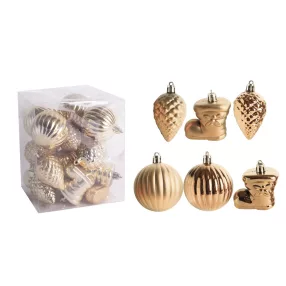   KARÁCSONYI DÍSZ, VEGYESDÍSZ, SZETTBEN, PVC DOBOZBAN, 18DARABOS, ARANY