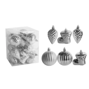   KARÁCSONYI DÍSZ, VEGYESDÍSZ, SZETTBEN, PVC DOBOZBAN, 18DARABOS, EZÜST