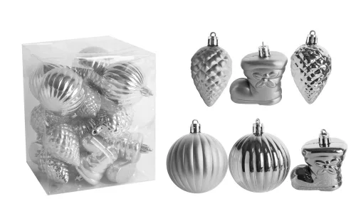 KARÁCSONYI DÍSZ, VEGYESDÍSZ, SZETTBEN, PVC DOBOZBAN, 18DARABOS, EZÜST