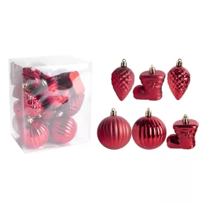  KARÁCSONYI DÍSZ, VEGYESDÍSZ, SZETTBEN, PVC DOBOZBAN, 18DARABOS, PIROS