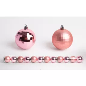   KARÁCSONYI DÍSZ, DISCOGÖMB, SZETTBEN, PVC DOBOZBAN, 12DARABOS, PÚDER RÓZSASZÍN