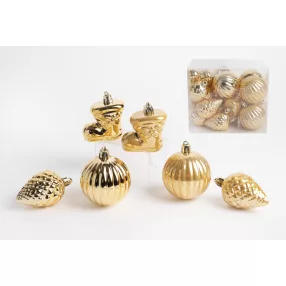   KARÁCSONYI DÍSZ, VEGYESDÍSZ, SZETTBEN, PVC DOBOZBAN, 18DARABOS, ARANY