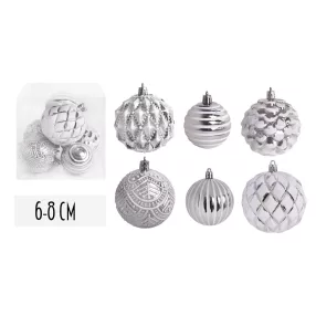   KARÁCSONYI DÍSZ GÖMB, SZETTBEN, PVC DOBOZBAN, VEGYES, 6 DARABOS, FEHÉR ÉS EZÜST