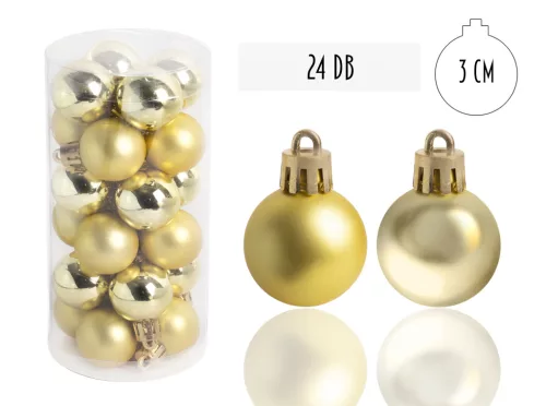KARÁCSONYI DÍSZ GÖMB, SZETTBEN, PVC DOBOZBAN, 24 DARABOS, ARANYSÁRGA