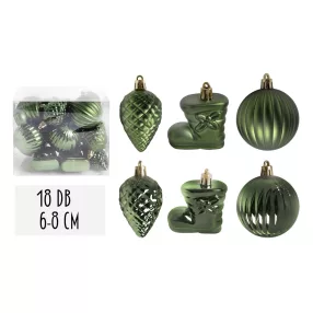   KARÁCSONYI DÍSZ, VEGYESDÍSZ, SZETTBEN, PVC DOBOZBAN, 18 DARABOS, SÖTÉTZÖLD