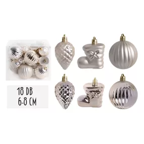   KARÁCSONYI DÍSZ, VEGYESDÍSZ, SZETTBEN, PVC DOBOZBAN, 18 DARABOS, KRÉM SILVER