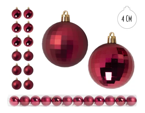 KARÁCSONYI DÍSZ, DISCOGÖMB, SZETTBEN, PVC DOBOZBAN, 12 DARABOS, PIROS