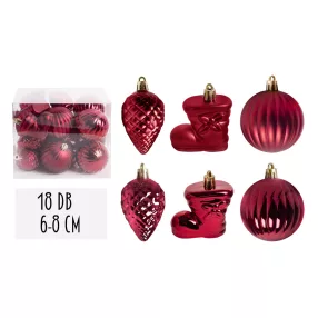   KARÁCSONYI DÍSZ, VEGYESDÍSZ, SZETTBEN, PVC DOBOZBAN, 18 DARABOS, PIROS