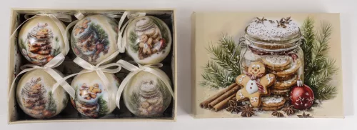 DEKOR KARÁCSONYI GÖMB SZETT, DÍSZDOBOZBAN, 6 DARABOS, SÜTEMÉNYES ÜVEG