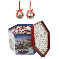   DEKOR KARÁCSONYI GÖMB SZETT, DÍSZDOBOZBAN, 14 DARABOS, FENYŐFA KÖRÜL KÓRUS