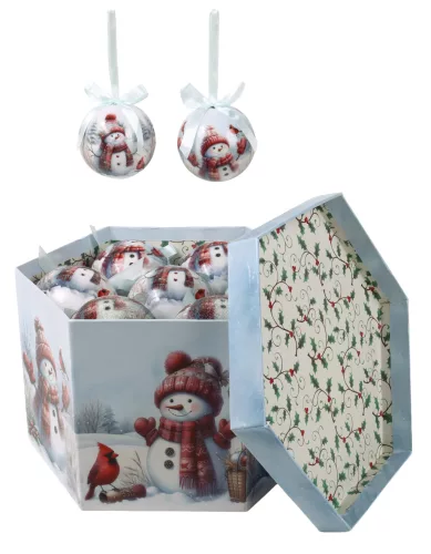 DEKOR KARÁCSONYI GÖMB SZETT, DÍSZDOBOZBAN, 14 DARABOS, HÓEMBER MADÁRRAL
