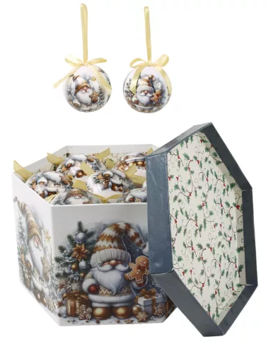 DEKOR KARÁCSONYI GÖMB SZETT, DÍSZDOBOZBAN, 14 DARABOS, ORRSZAKÁLL MÉZESKALÁCS FIGURA