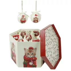   DEKOR KARÁCSONYI GÖMB SZETT, DÍSZDOBOZBAN, 14 DARABOS, MACSKA SÁLBAN, VAGY MIKULÁS SAPKÁBAN