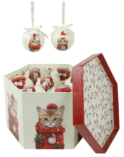 DEKOR KARÁCSONYI GÖMB SZETT, DÍSZDOBOZBAN, 14 DARABOS, MACSKA SÁLBAN, VAGY MIKULÁS SAPKÁBAN
