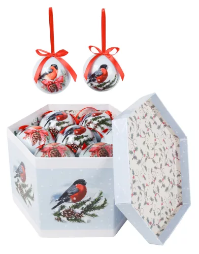DEKOR KARÁCSONYI GÖMB SZETT, DÍSZDOBOZBAN, 14 DARABOS, MADÁR ÁGON