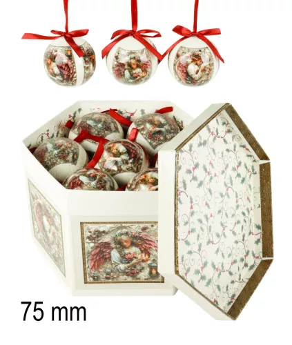 DEKOR KARÁCSONYI GÖMB SZETT, DÍSZDOBOZBAN, 14 DARABOS, ANGYAL PIROS SZÁRNNYAL