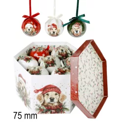   DEKOR KARÁCSONYI GÖMB SZETT, DÍSZDOBOZBAN, 14 DARABOS, LABRADOR MIKULÁS SAPKÁBAN