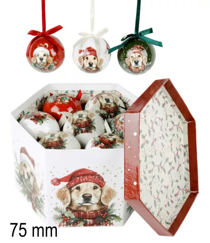 DEKOR KARÁCSONYI GÖMB SZETT, DÍSZDOBOZBAN, 14 DARABOS, LABRADOR MIKULÁS SAPKÁBAN