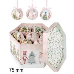   DEKOR KARÁCSONYI GÖMB SZETT, DÍSZDOBOZBAN, 14 DARABOS, DIÓTÖRŐ, BALERINA, FENYŐFA