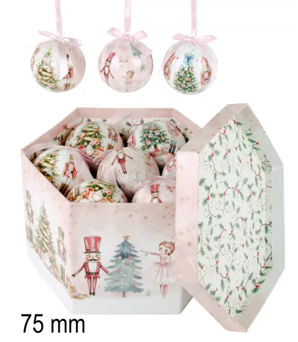 DEKOR KARÁCSONYI GÖMB SZETT, DÍSZDOBOZBAN, 14 DARABOS, DIÓTÖRŐ, BALERINA, FENYŐFA