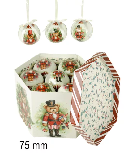 DEKOR KARÁCSONYI GÖMB SZETT, DÍSZDOBOZBAN, 14 DARABOS, DIÓTÖRŐ MEDVE