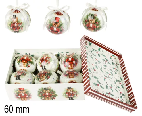 DEKOR KARÁCSONYI GÖMB SZETT, DÍSZDOBOZBAN, 6 DARABOS, DIÓTÖRŐ MEDVE
