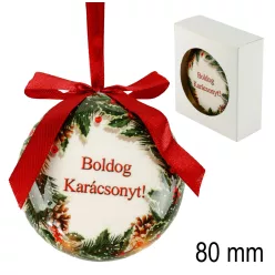   DEKOR KARÁCSONYI AKASZTÓS GÖMB, LAPOS, FEHÉR DOBOZBAN, FENYŐÁG, BOLDOG KARÁCSONYT FELIRAT