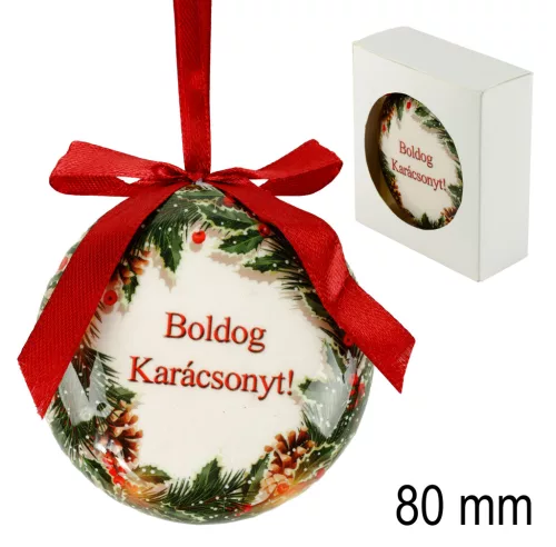 DEKOR KARÁCSONYI AKASZTÓS GÖMB, LAPOS, FEHÉR DOBOZBAN, FENYŐÁG, BOLDOG KARÁCSONYT FELIRAT