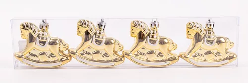 KARÁCSONYFA DÍSZ, AKASZTÓS, HINTALÓ SZETTBEN, 4 DARABOS, ARANY