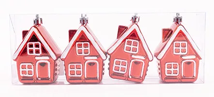 KARÁCSONYFA DÍSZ, AKASZTÓS, HÁZ SZETTBEN, 4 DARABOS, PIROS