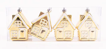 KARÁCSONYFA DÍSZ, AKASZTÓS, HÁZ SZETTBEN, 4 DARABOS, ARANY