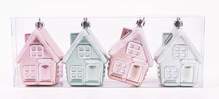 KARÁCSONYFA DÍSZ, AKASZTÓS, HÁZ SZETTBEN, 4 DARABOS, RÓZSASZÍN ÉS TÜRKIZ