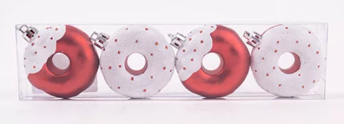 KARÁCSONYFA DÍSZ, AKASZTÓS, FÁNK, SZETTBEN, 4 DARABOS, GLITTERES, PIROS ÉS FEHÉR