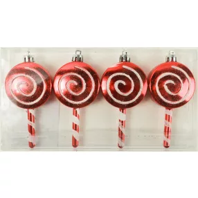   KARÁCSONYFA DÍSZ, AKASZTÓS, NYALÓKA, SZETTBEN, 4 DARABOS, GLITTERES, PIROS ÉS FEHÉR