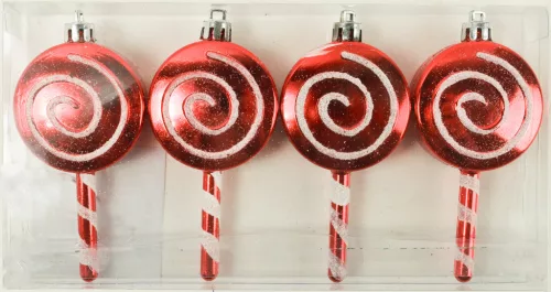 KARÁCSONYFA DÍSZ, AKASZTÓS, NYALÓKA, SZETTBEN, 4 DARABOS, GLITTERES, PIROS ÉS FEHÉR