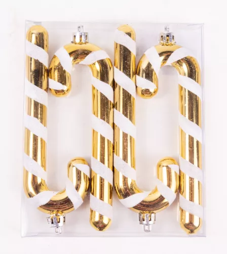 KARÁCSONYFA DÍSZ, AKASZTÓS, BOT, SZETTBEN, 4 DARABOS, GLITTERES, ARANY ÉS FEHÉR