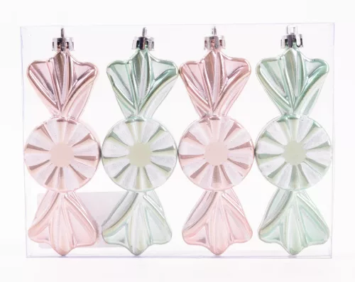 KARÁCSONYFA DÍSZ, AKASZTÓS, SZALONCUKOR, SZETTBEN, 4 DARABOS, GLITTERES, RÓZSASZÍN ÉS TÜRKIZ