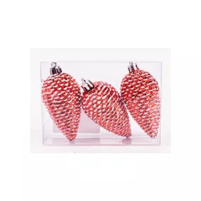   KARÁCSONYFA DÍSZ, AKASZTÓS, TOBOZ, SZETTBEN, 3 DARABOS, GLITTERES, PIROS ÉS FEHÉR