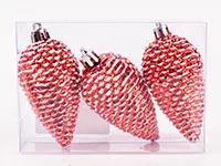 KARÁCSONYFA DÍSZ, AKASZTÓS, TOBOZ, SZETTBEN, 3 DARABOS, GLITTERES, PIROS ÉS FEHÉR